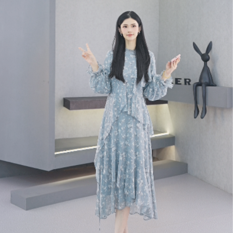 圣迪奥女装时尚碎花拼接轻奢气质收腰显瘦连衣裙S243Z1257