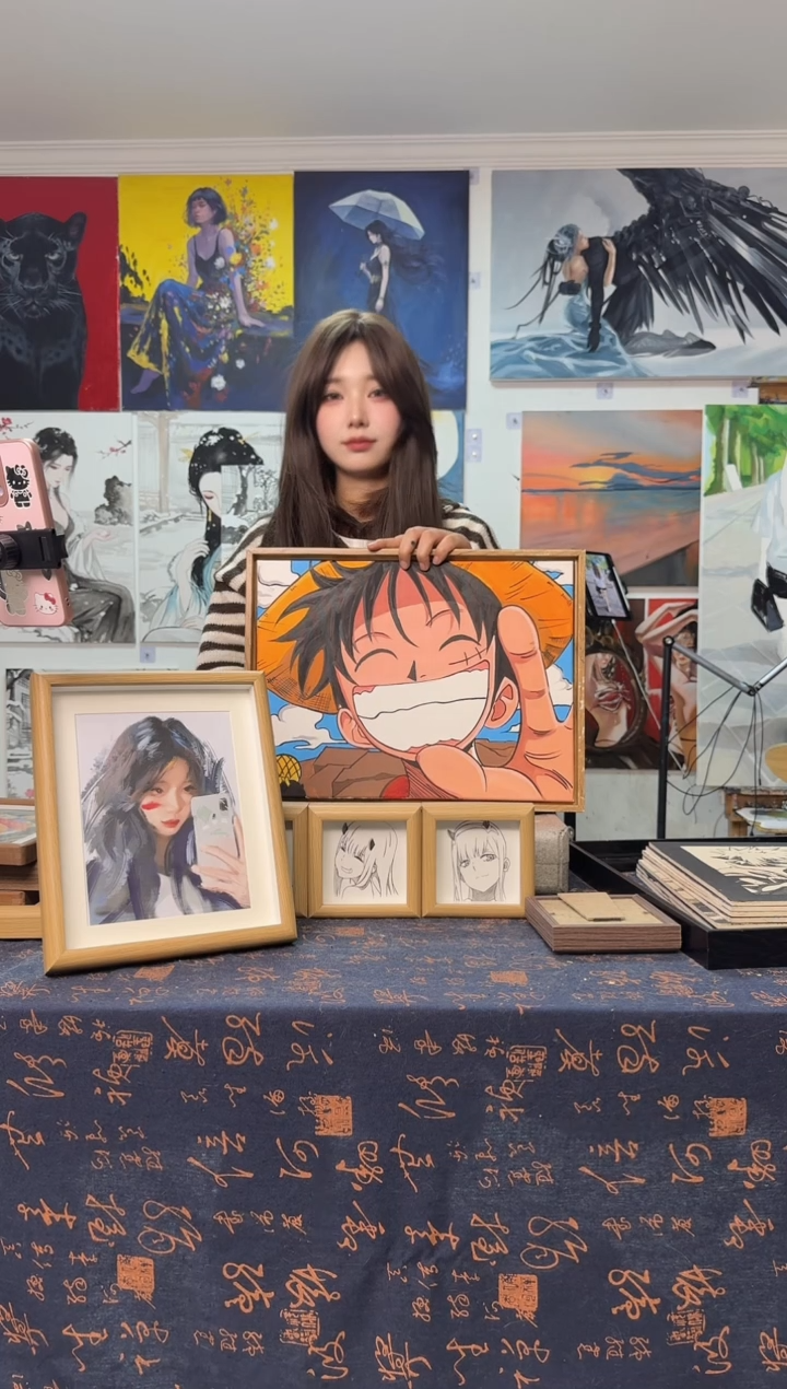 丙烯画小**匪海贼王路飞丙烯画y加木色框