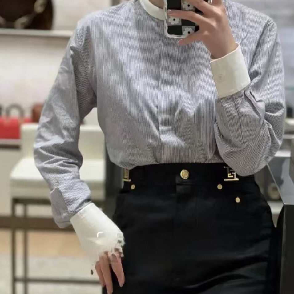 全新未使用 FENDI/芬迪 条纹小圆立领女士衬衫/36码