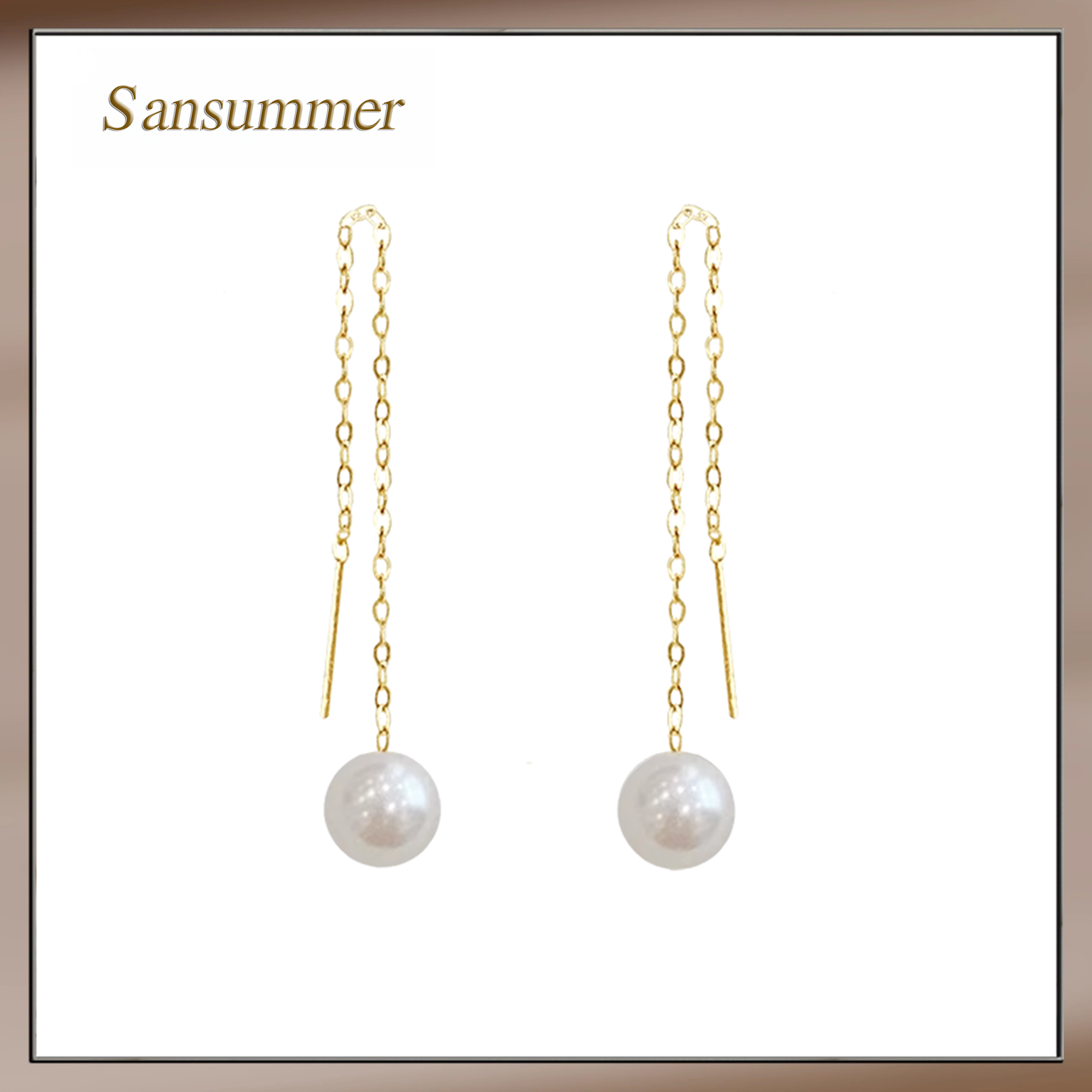 NM18K金/淡水珍珠天然珍珠/白色圆形珍珠耳线7-8MM气质长款经典