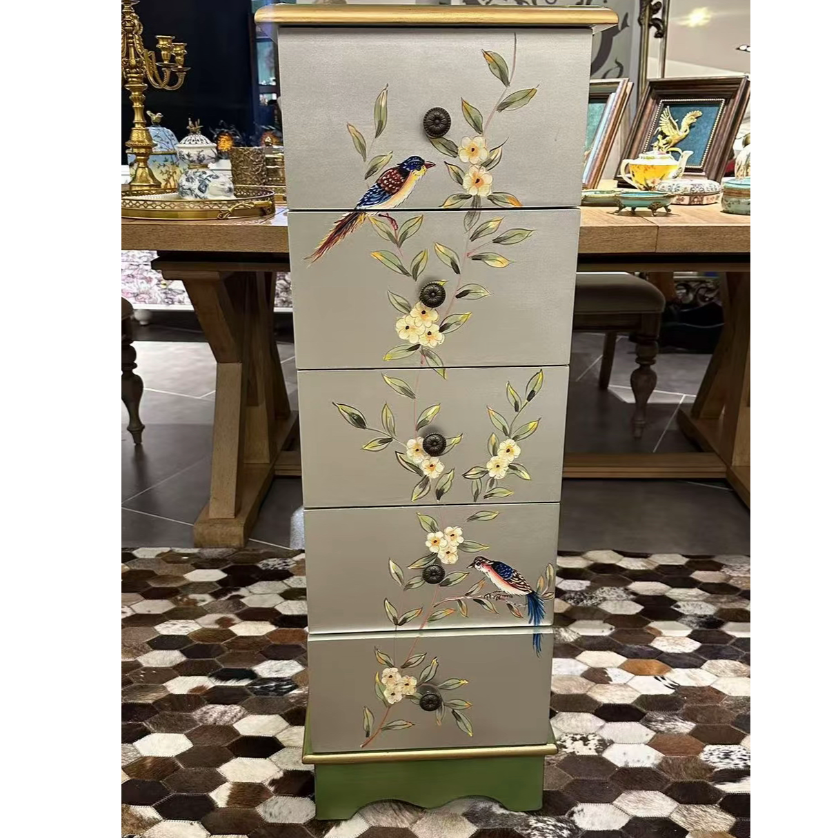 新中式银绿花鸟五斗柜置物架室内客厅阳台