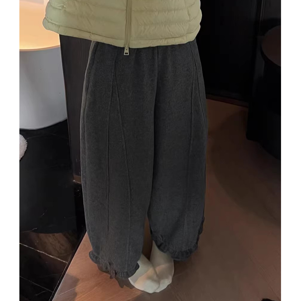 高端货~秋冬九分裤宽松高腰花边靴裤羊毛呢子阔腿裤大脚直筒裤女