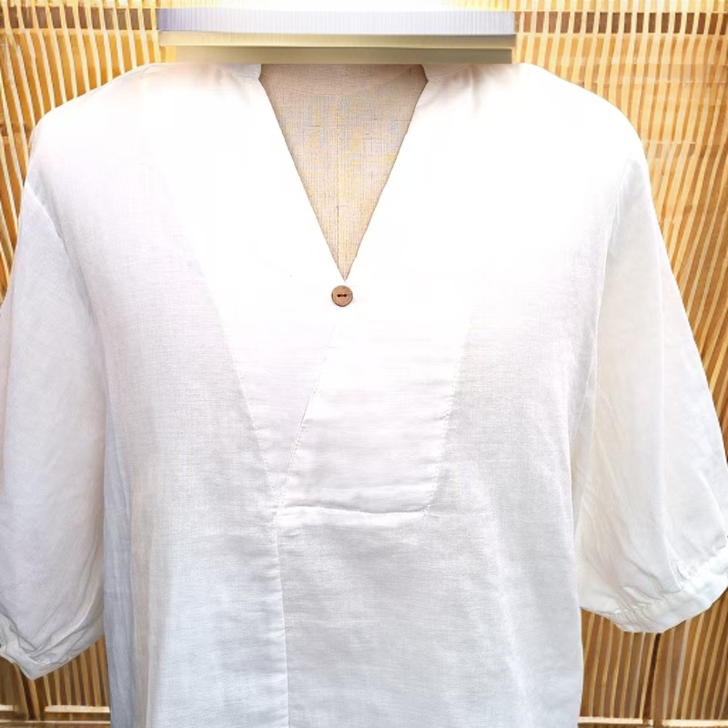 夏季V领休闲时尚百搭棉麻短袖女装上衣A01