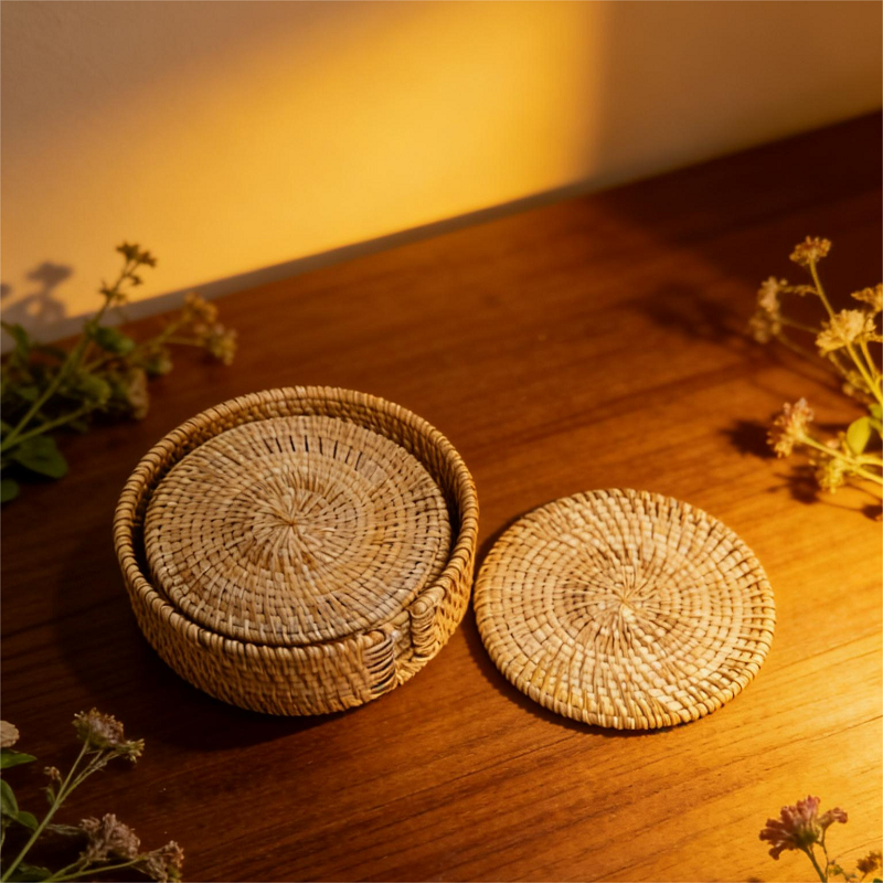 植物真藤手工编织桌面餐垫套装（6+1）16cm