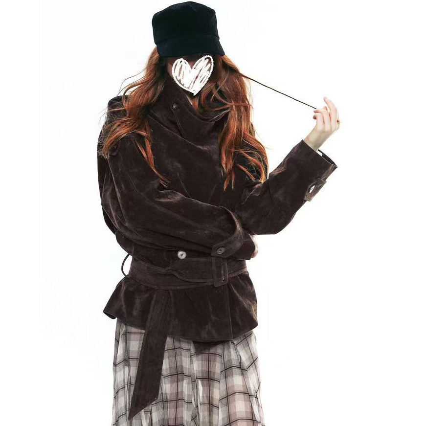 25AW法式复古植绒大立领短款双排扣系腰风衣外套女