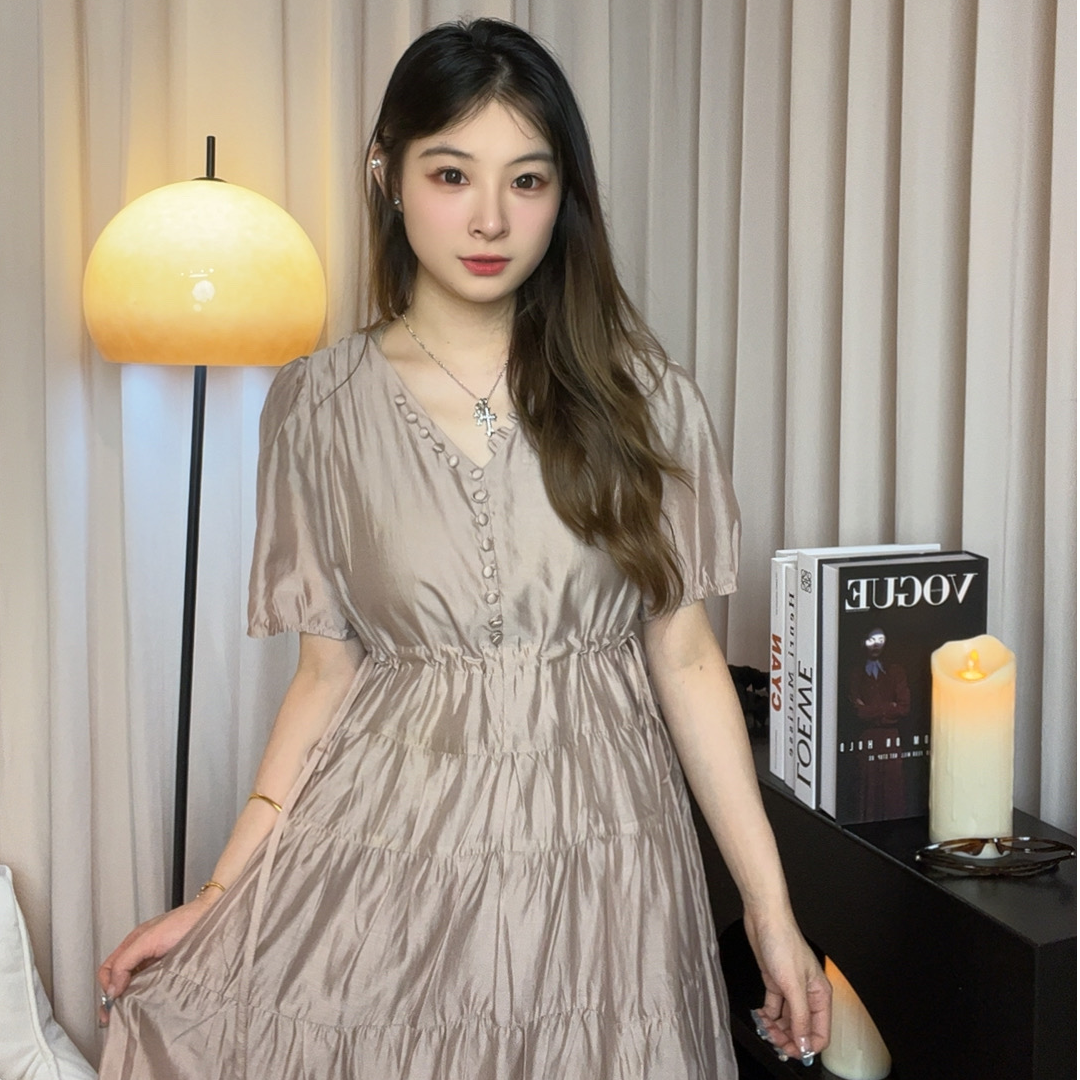 泡泡袖夏季拼接拉链气质连衣裙吊带裙子长裙法式显瘦中长款褶皱