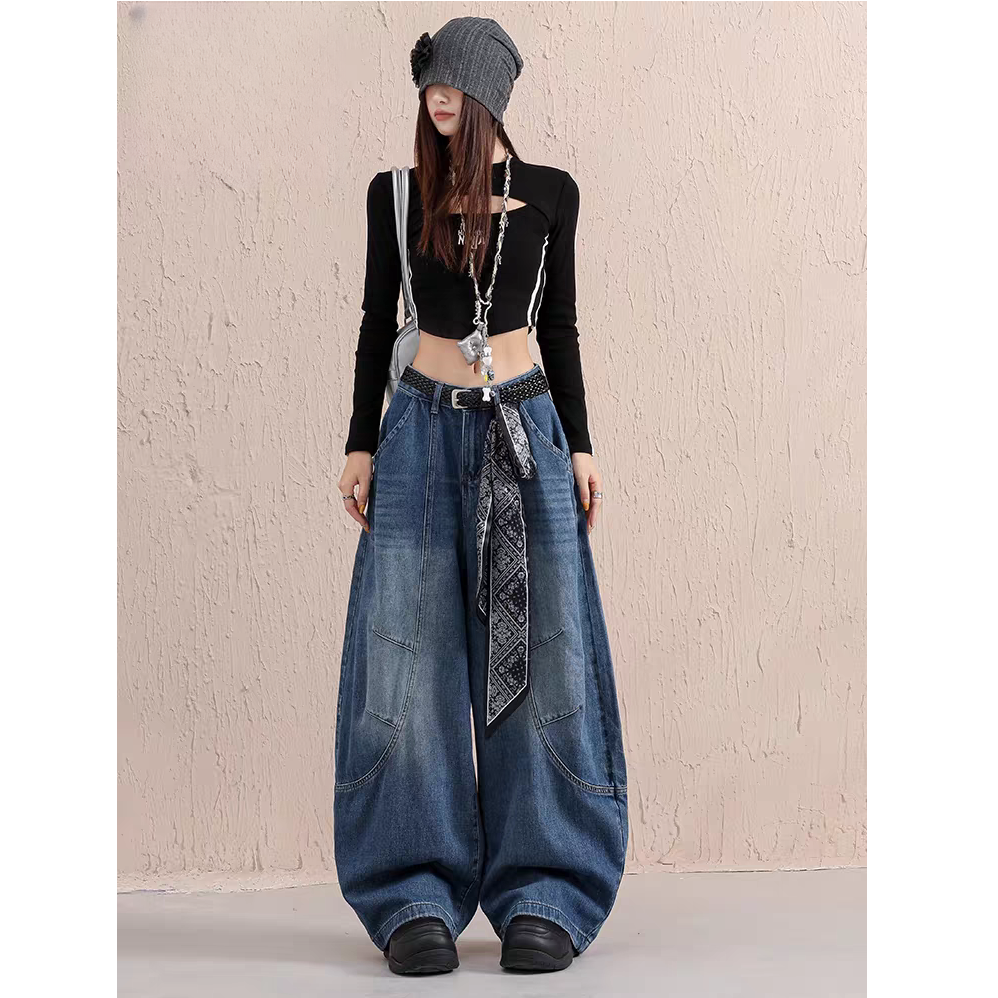 复古蓝高街宽松阔腿弯刀裤男女新款美式水洗高腰设计感垂感牛仔裤