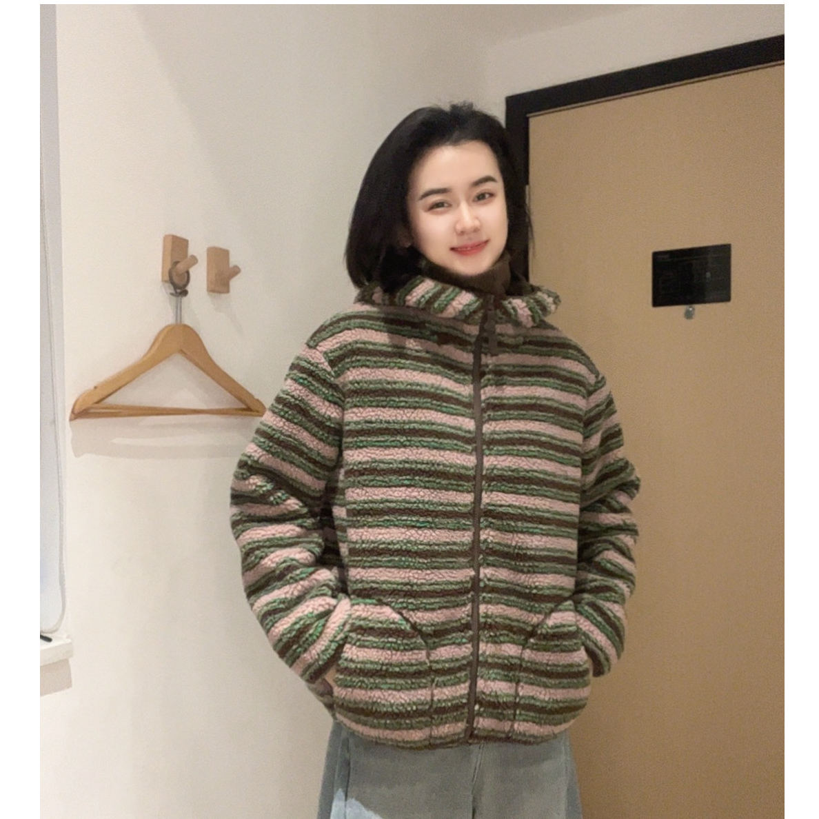 条纹加长绒特定款条纹时尚奥利绒加厚保暖国潮连帽外套6269-46