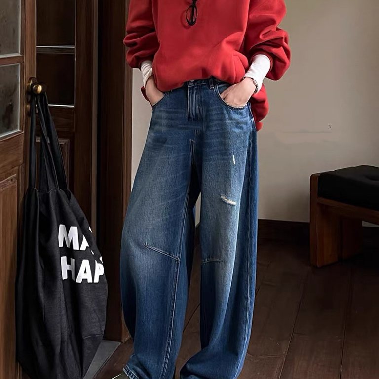 SU【610】代A9  愫萌 女秋款阔腿裤蓝色高腰宽松无弹拖地弯刀牛仔裤