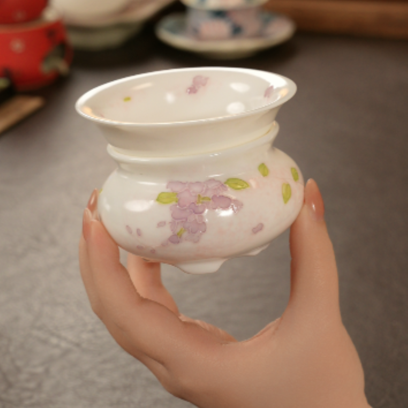 紫运手绘釉下彩紫藤花女士精致陶瓷茶具茶滤【青云茶斋】