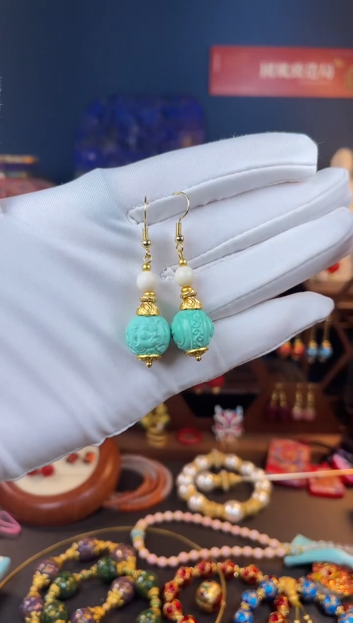 【闪购商品】绿色珐琅景泰蓝耳钩