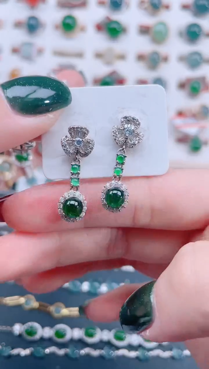 银S925镶嵌翡翠耳饰天然翡翠
