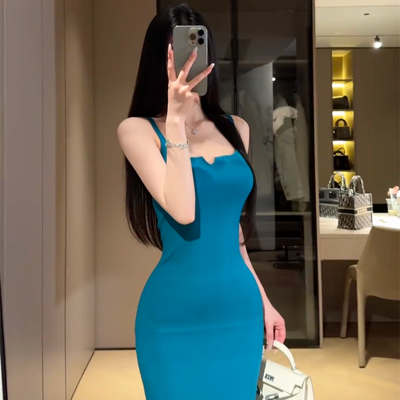 经典蓝色显白小v领显身材收腰包臀针织中长背心长裙连衣裙