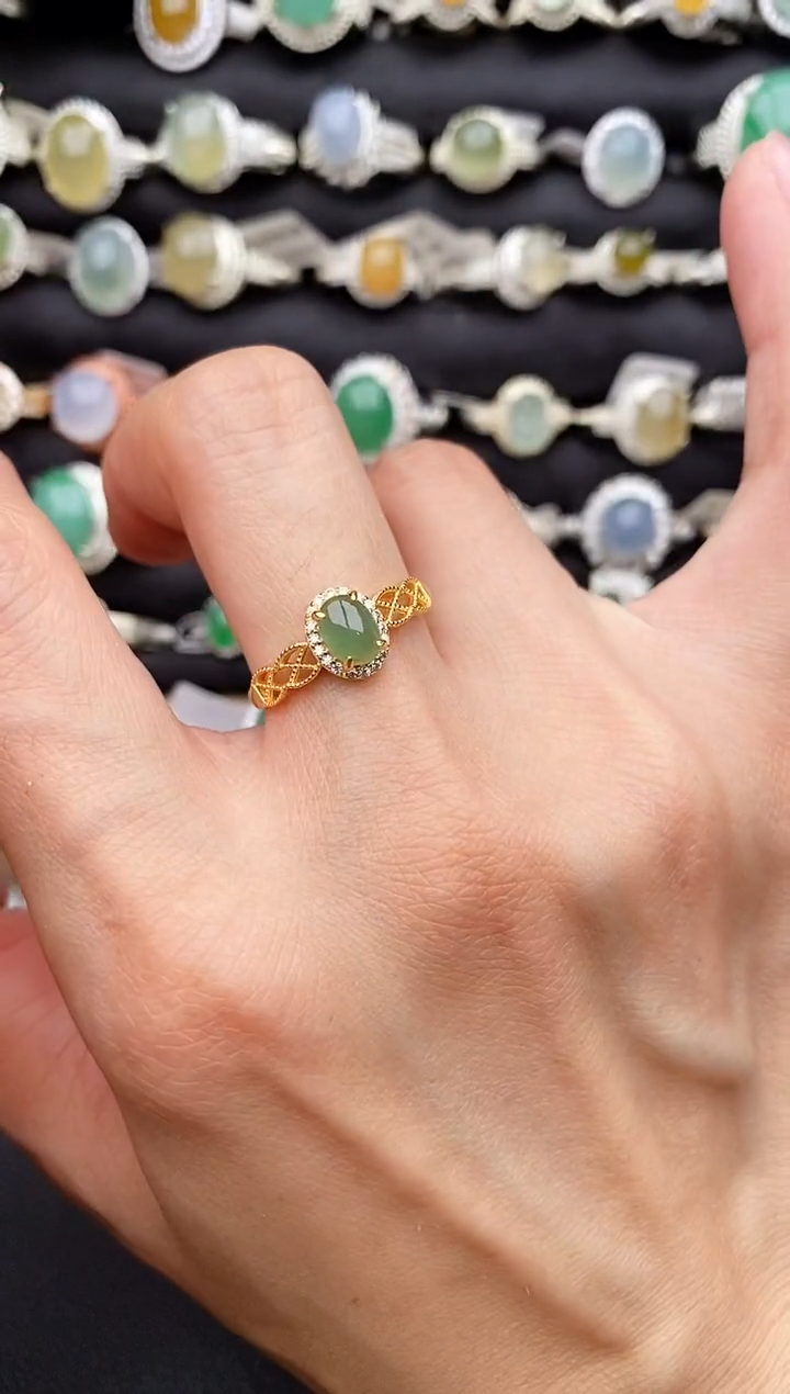 【闪购商品】翡翠戒指银S925镶嵌缅甸天然A货翡翠22  4-7