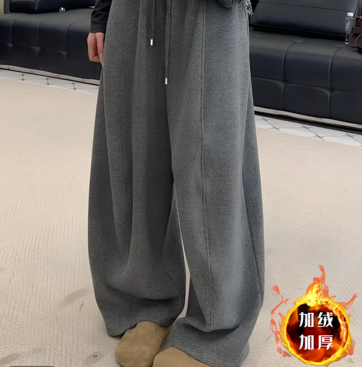 松紧腰抽绳弯刀呢子长裤拖地裤女2025冬季新款加绒毛呢韩版阔腿裤