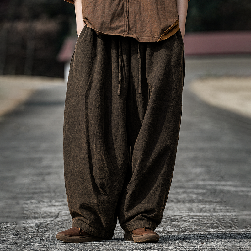 疯子张25春款棉麻双层抽绳复古垂感宽松微束脚休闲裤#08370