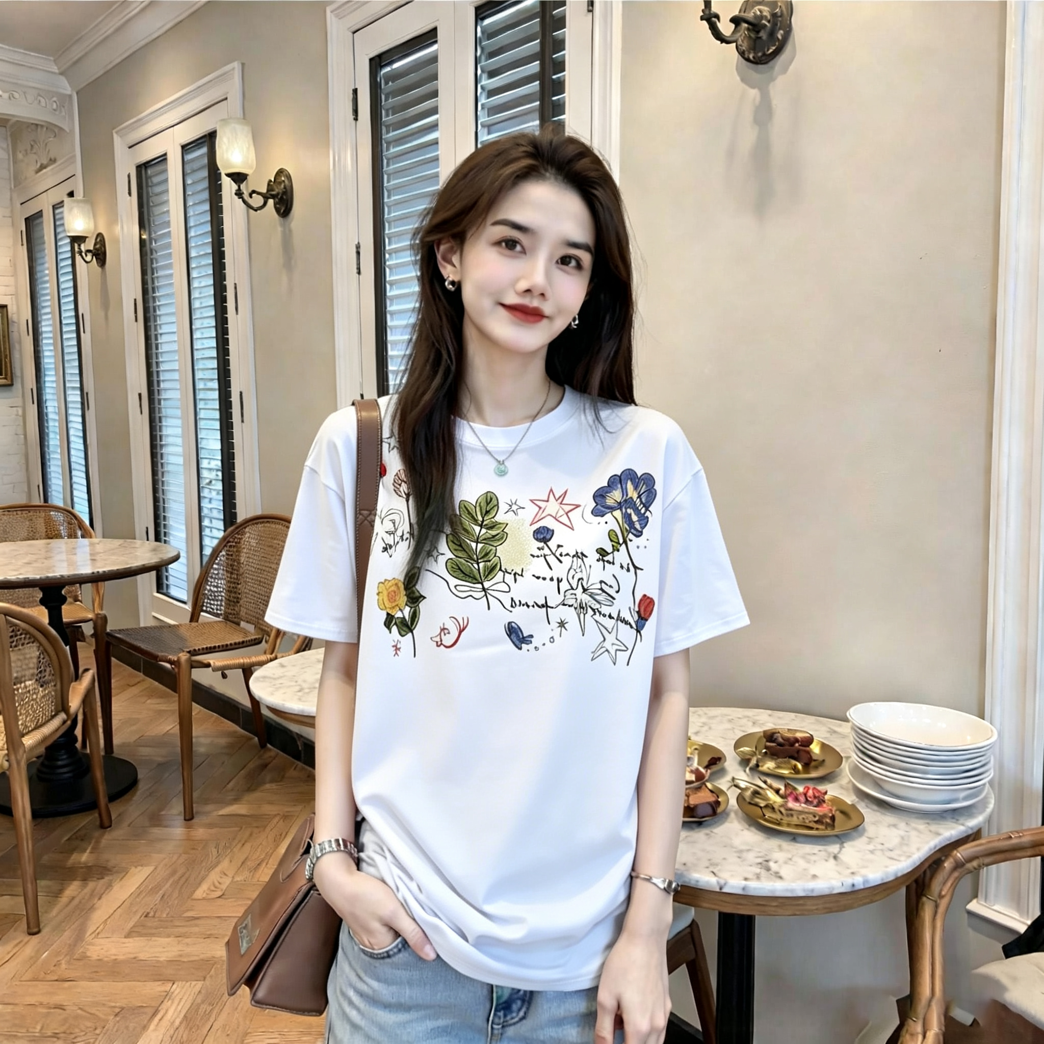 【栀子花开】纯棉宽松版型 李西西时尚休闲百搭短袖T恤显瘦