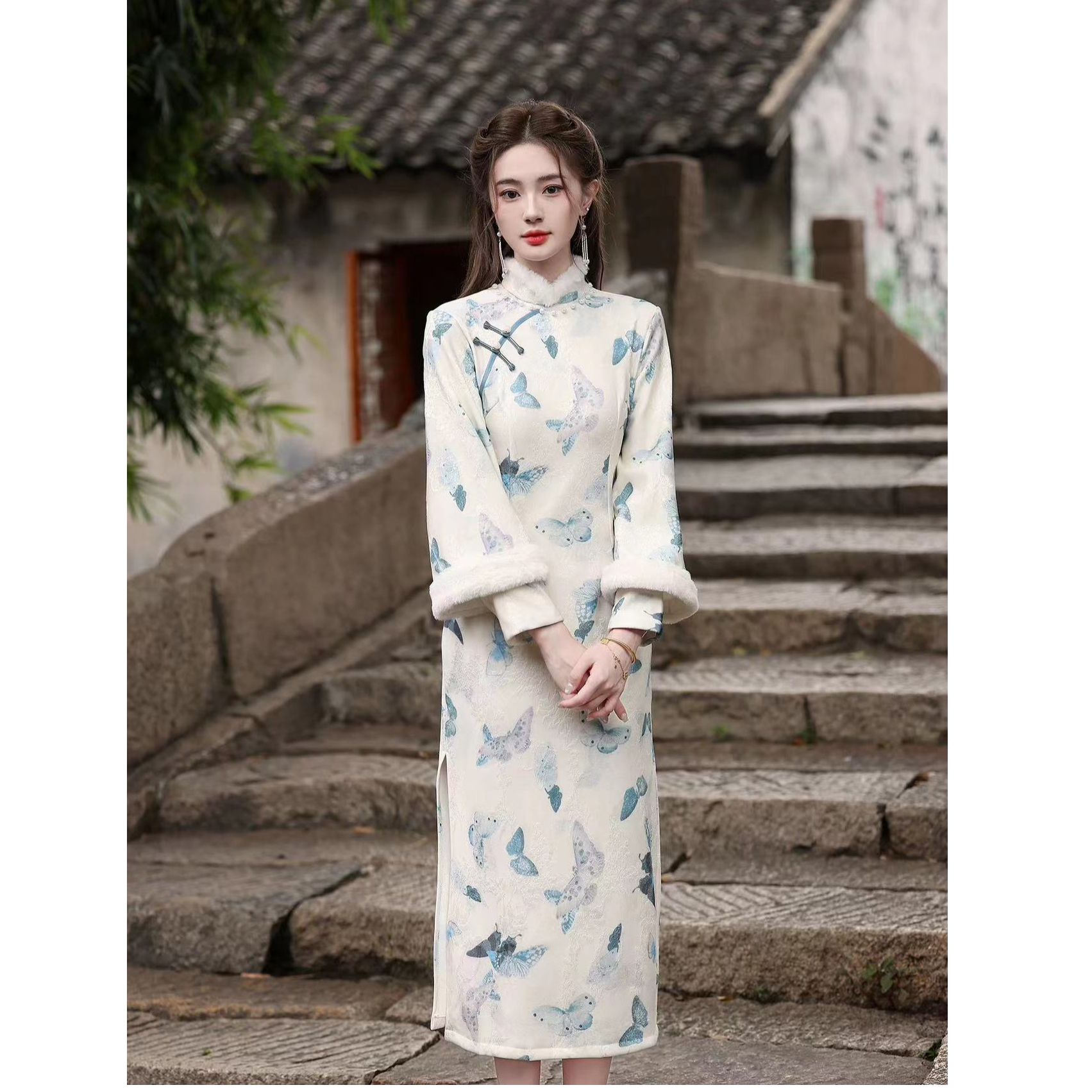 958-【梦蝶】水墨 双袖 钉珠 气质 绝美 旗袍 