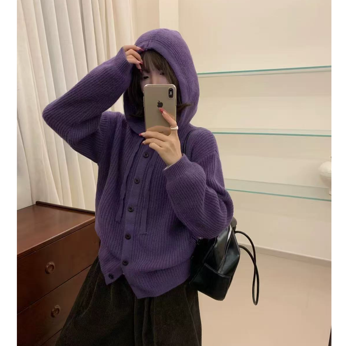 【葡萄紫】法式连帽针织衫连帽套开衫帽衫女外套