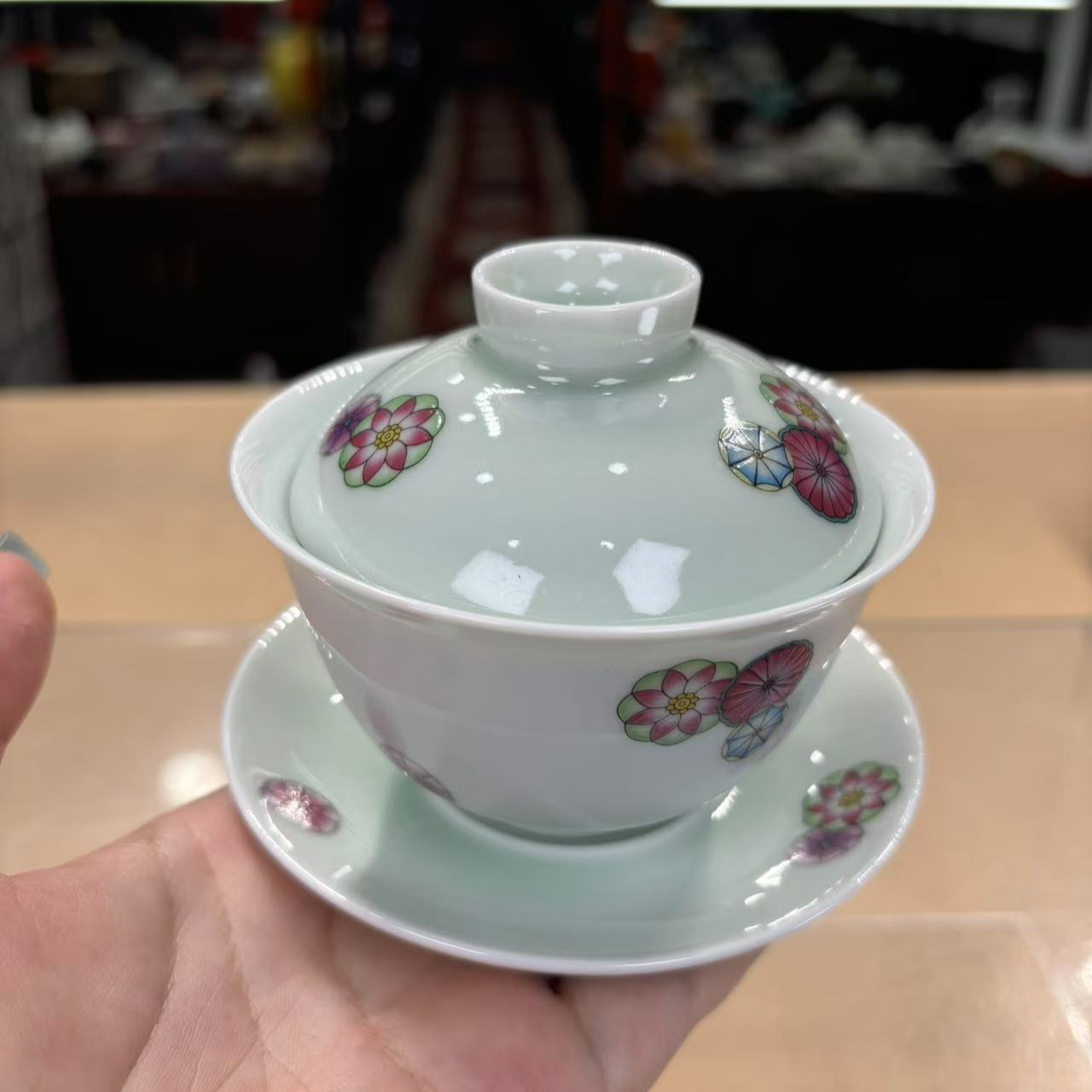 瓷韵优品  皮球花渐变绿三才盖碗5322