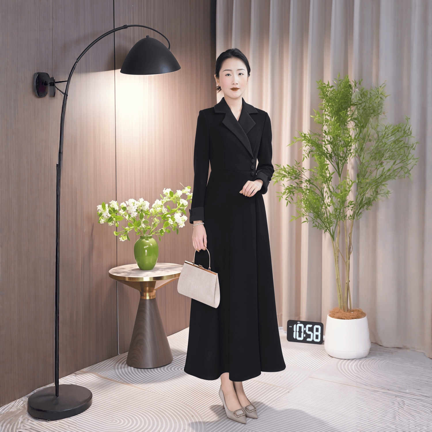 2025秋冬新款交叉西装领配色华达呢中高腰拼接连衣裙显瘦气质