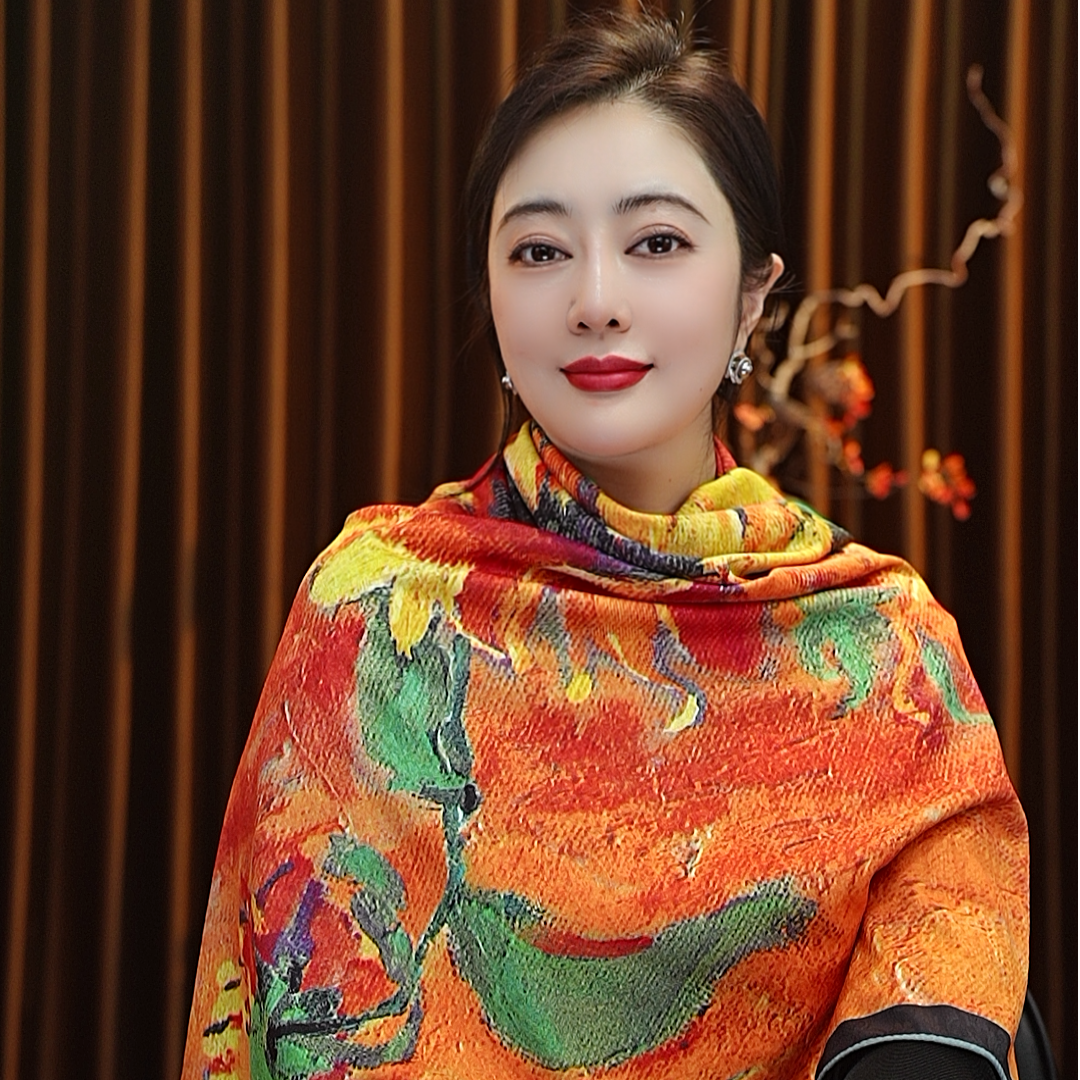 【梵高葵花】140*140冠乐皱大方巾围巾女士丝巾百搭双面戴时尚洋气