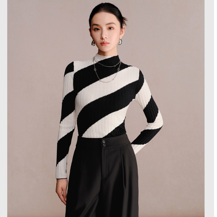 【商场同款】曼德诗全羊毛针织衫秋冬斜条纹撞色套头M733307175