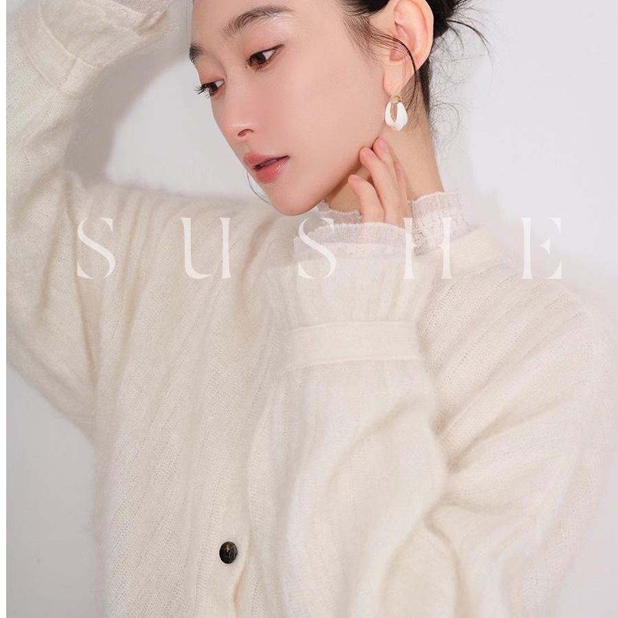 束皙SUSHE软糯马海毛羊毛保暖秋冬白色冬季针织开衫外套ins