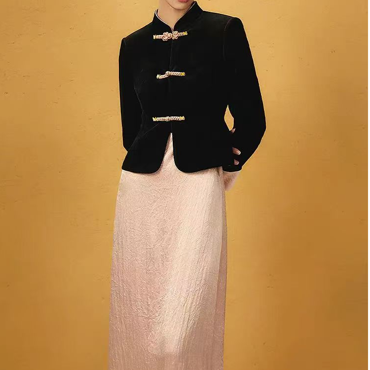 【歌】外套气质长袖中国风2025黑色丝绒新中式优雅