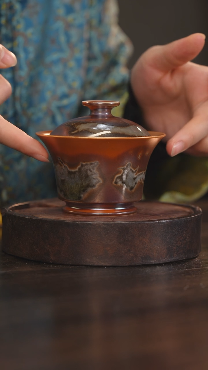【闪购商品】杯23柴房陶瓷丨金红落灰马蹄盖碗