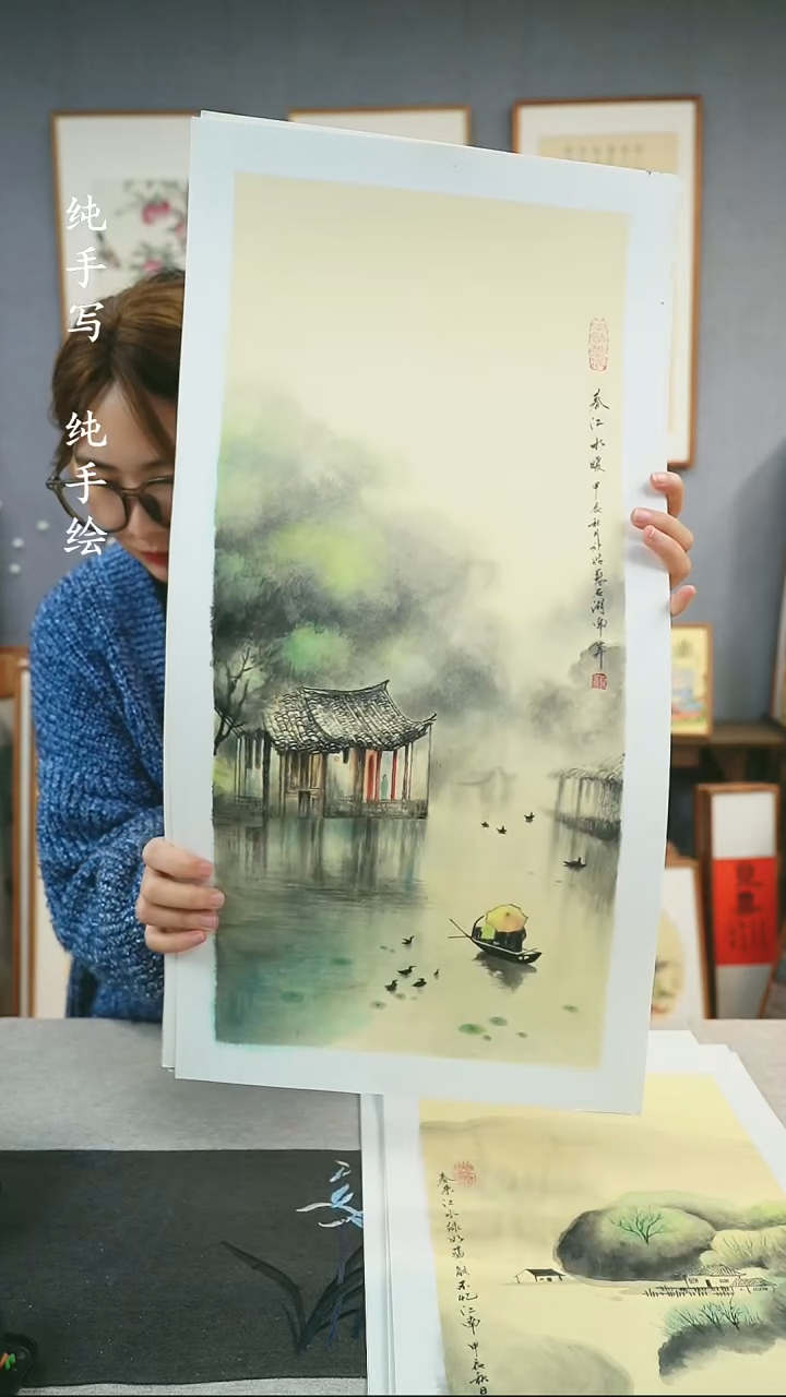 【闪购商品】国画金旗红-手绘带框作品-35*68-水乡