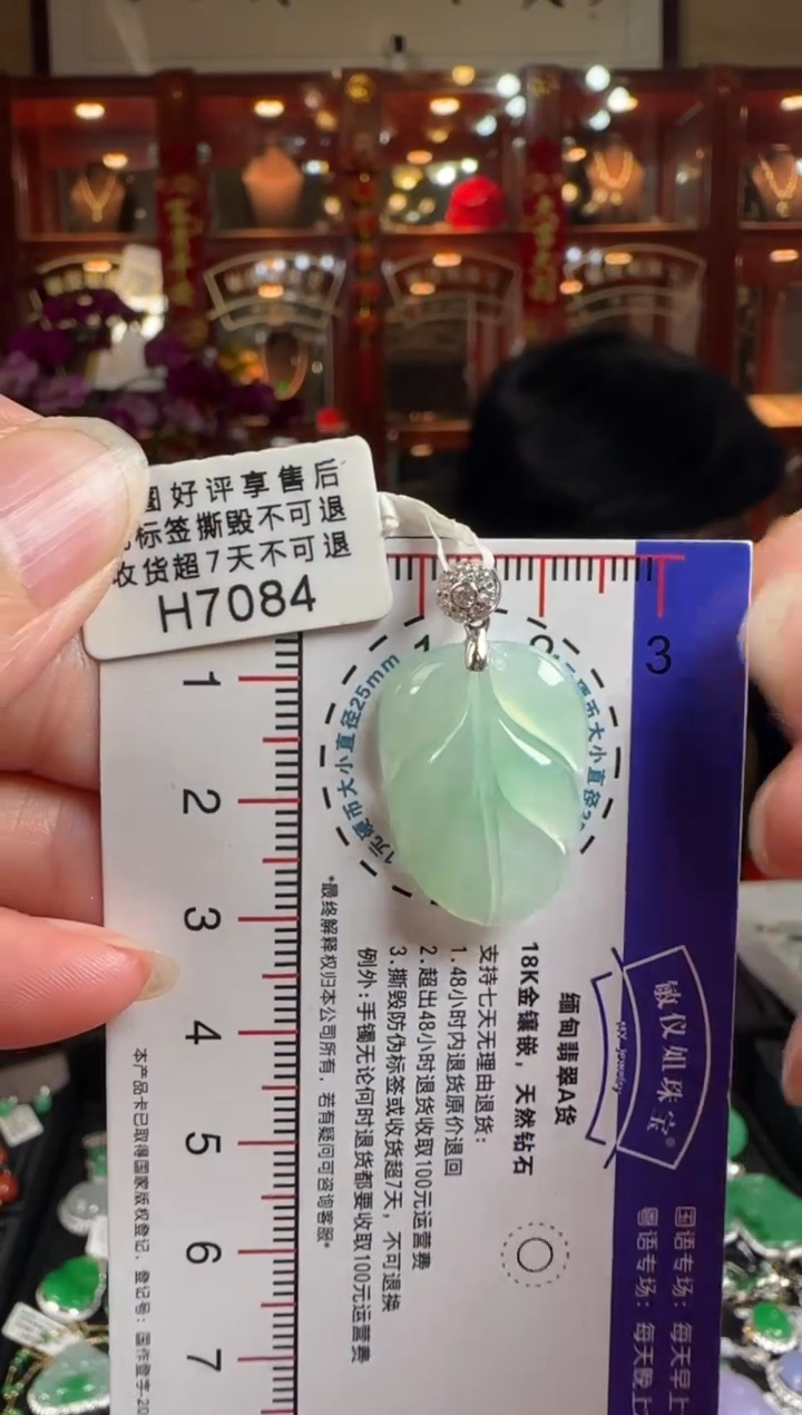 【闪购商品】翡翠颈饰18K金镶嵌H7084冰绿叶子