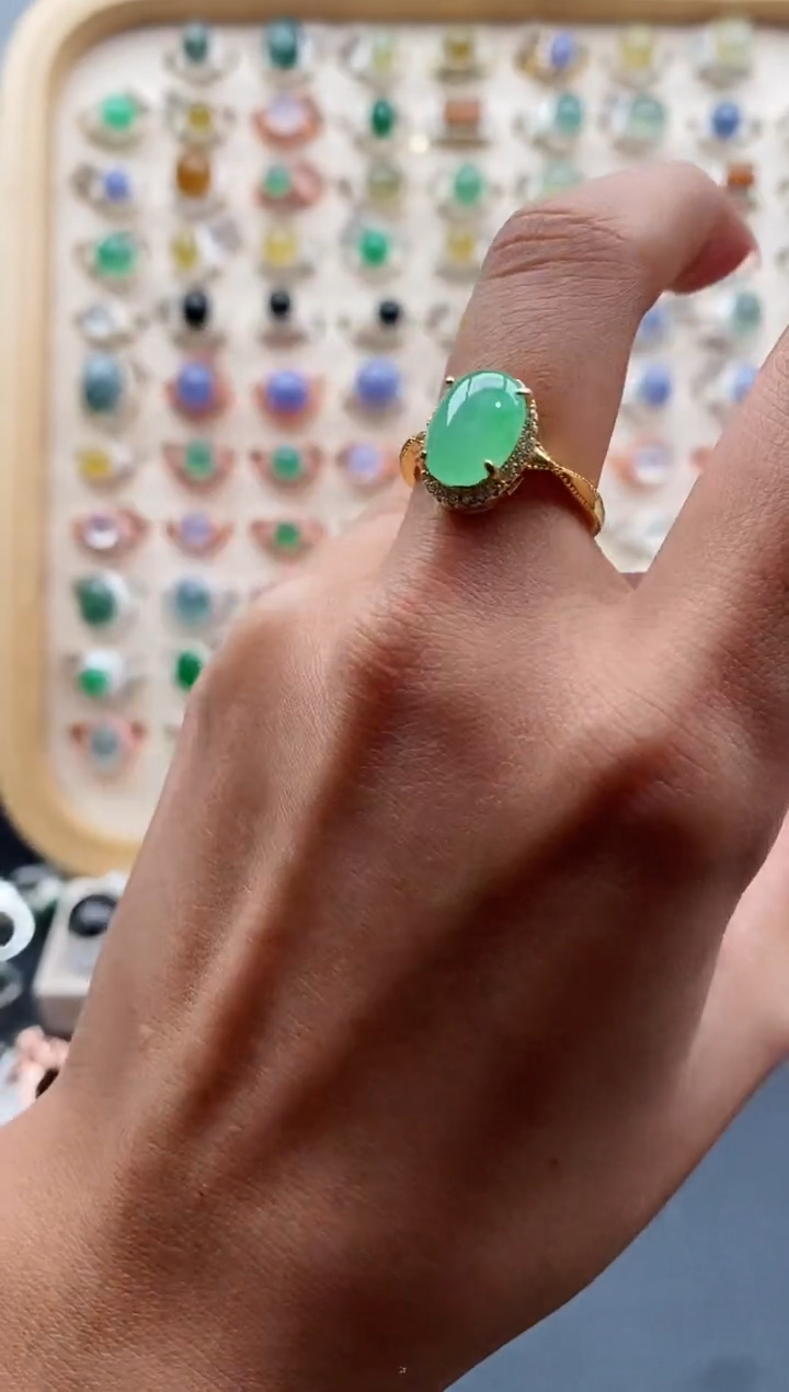 【闪购商品】翡翠戒指银S925镶嵌天然缅甸A货翡翠444 3+2