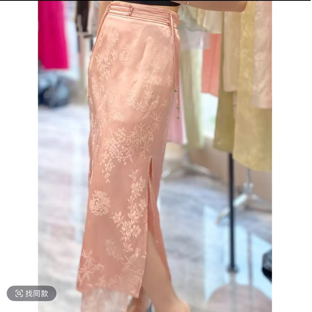 D101高腰显瘦中式盘扣半身裙女春品国潮提花蕾丝拼接中长裙女