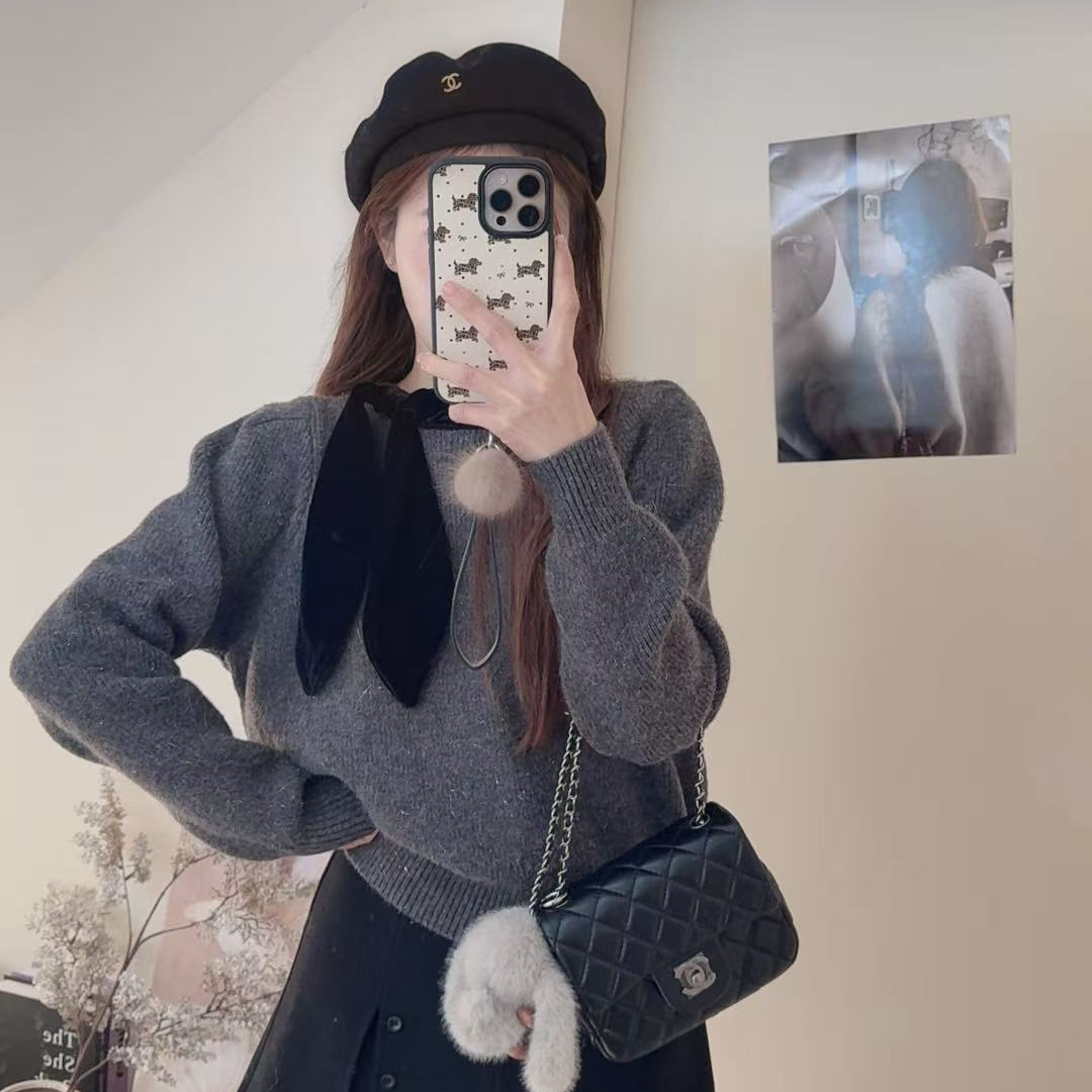 ouran 秋冬新款G1056百搭显瘦丝绒飘带带细闪毛衣（不可机洗）