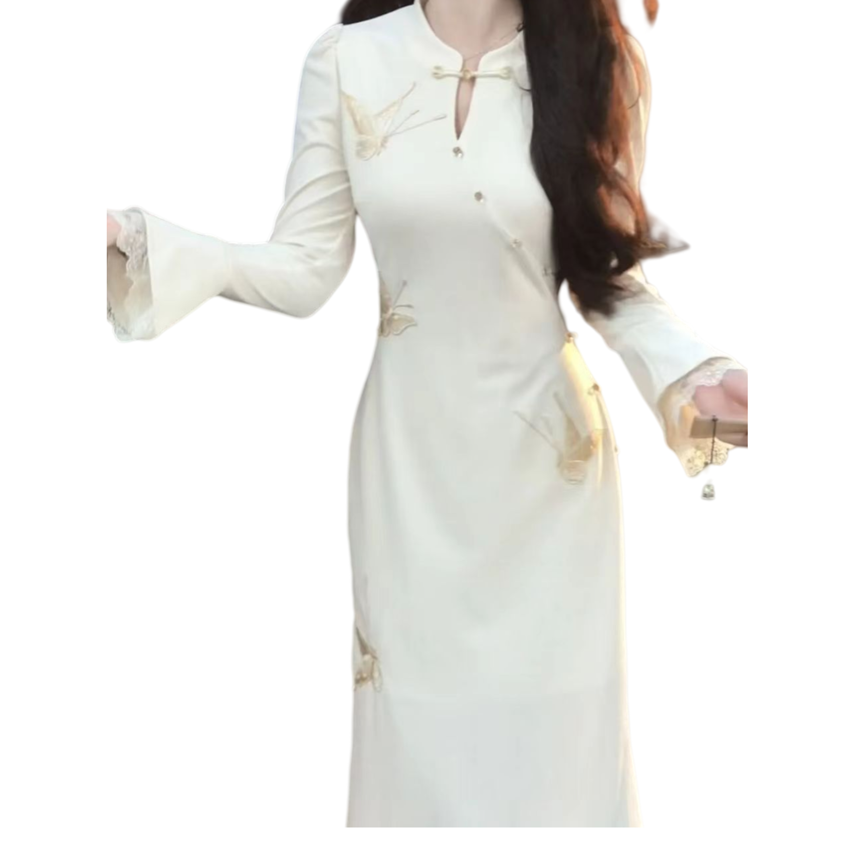 午餐肉家新中式万针刺绣金蝶旗袍裙