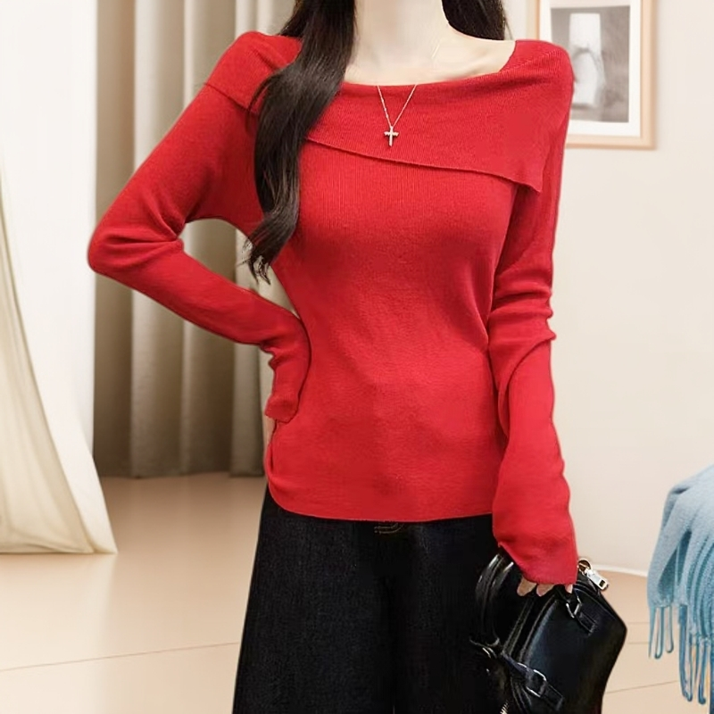 2025冬季新款温柔翻领针织简约上衣8201*