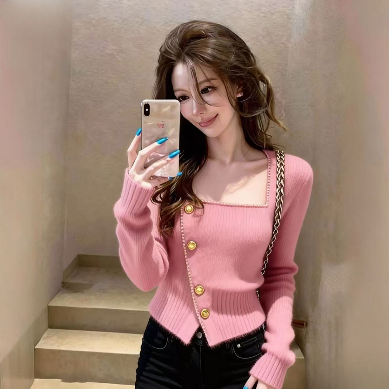 软糯毛衣女冬绝美巨好看轻奢高端设计感气质掐腰方领粉色针织上衣