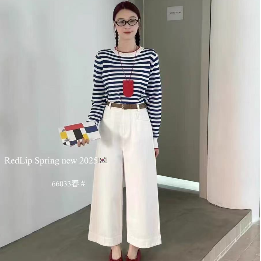REDLIP红唇66033韩系水洗休闲直筒裤女高腰百搭显瘦九分阔腿裤春