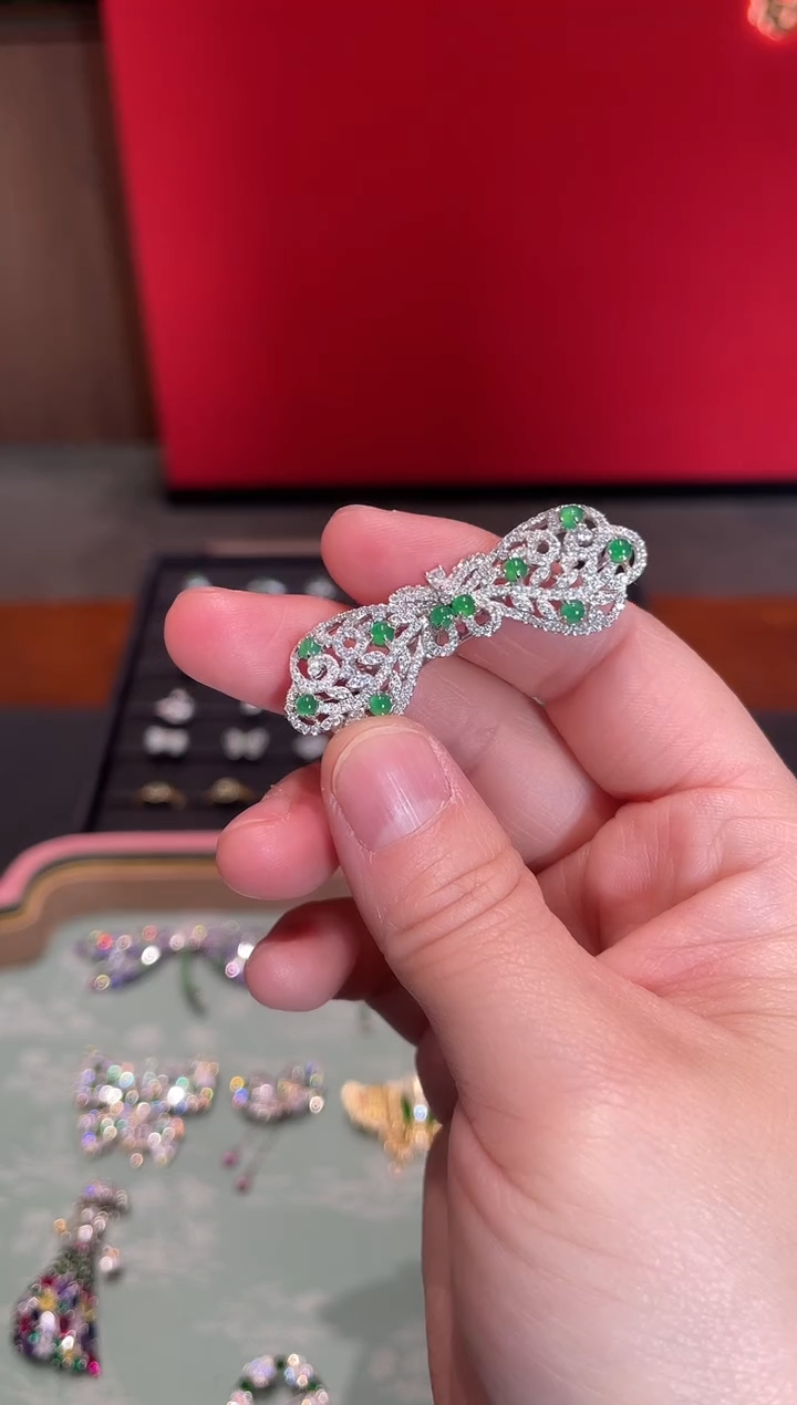 银S925镀金镶嵌翡翠耳饰发夹