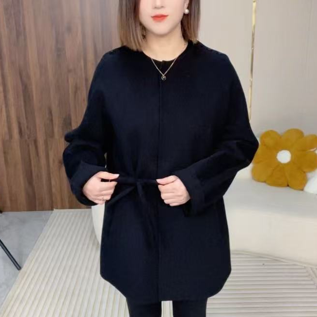 2024新款绵羊毛时尚优雅圆领单排扣系腰带简约百搭双面呢外套