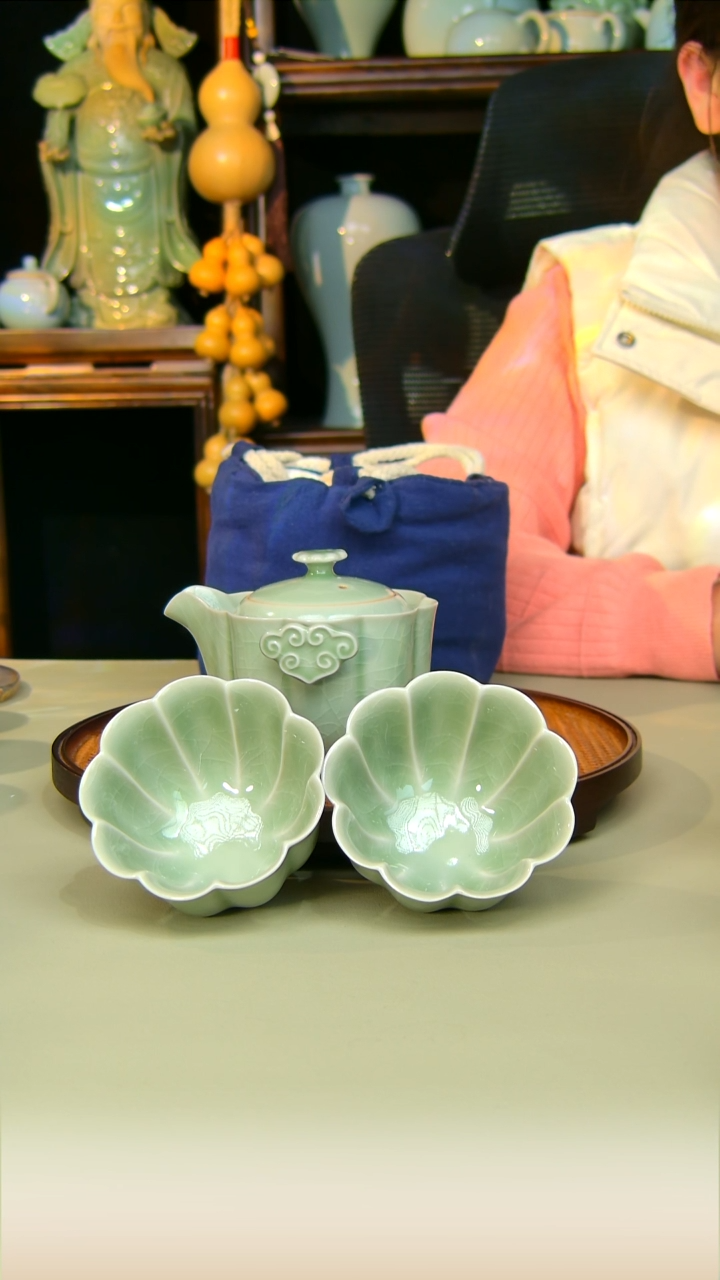 汝瓷豆绿手抓壶加龙杯全手工原矿