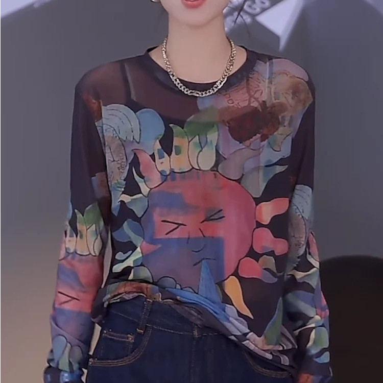 【例畔精选】2025春夏新款气质时尚百搭水墨画印花弹力针织衫S935#