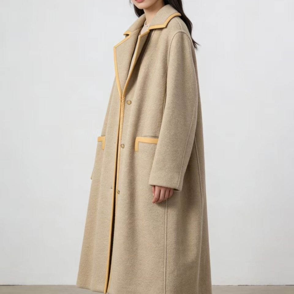 99新 Hermes/爱马仕 Hermes 米黄拼皮毛呢长款大衣 38 17610878