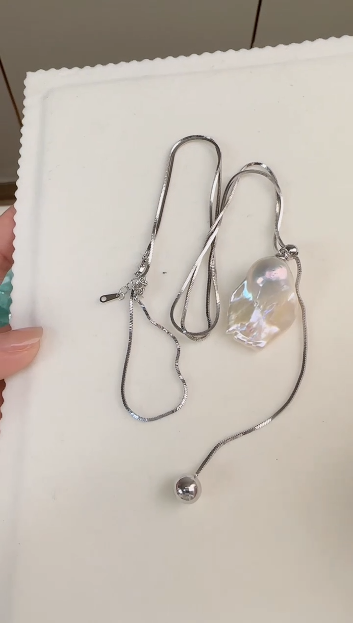 毛衣链银S925镶嵌淡水珍珠巴洛克