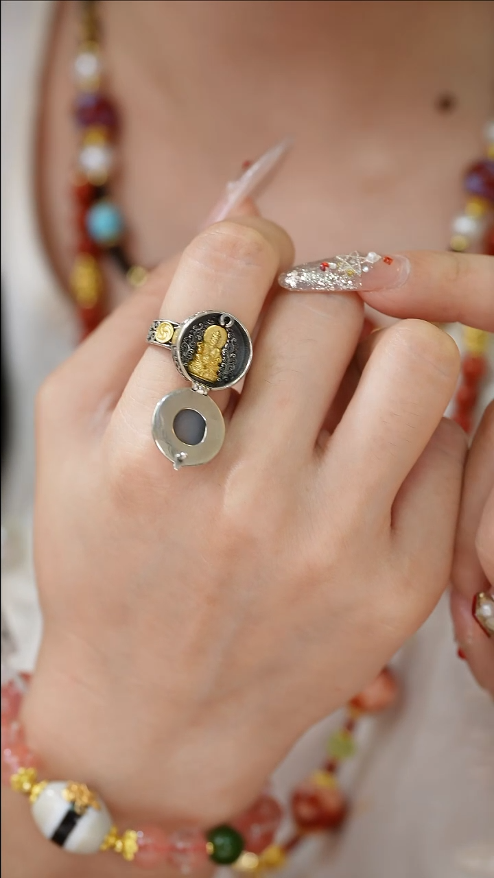 未镶嵌玛瑙/玉髓珠宝奇石一眼黄cc天珠嘎乌盒戒指/多样性发其一