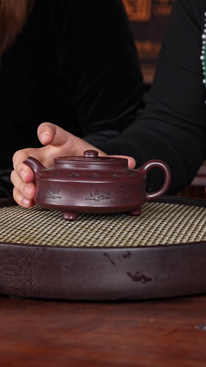 【闪购商品】紫砂茶壶叶琴14-96 紫红泥周盘