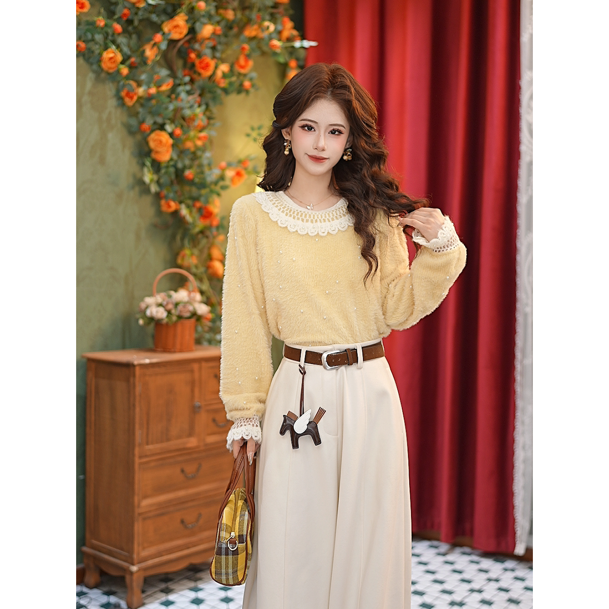 DaYuanSAD张嘉圆 蕾丝领毛绒钉珠设计感衬衣保暖长袖衬衫#S14909