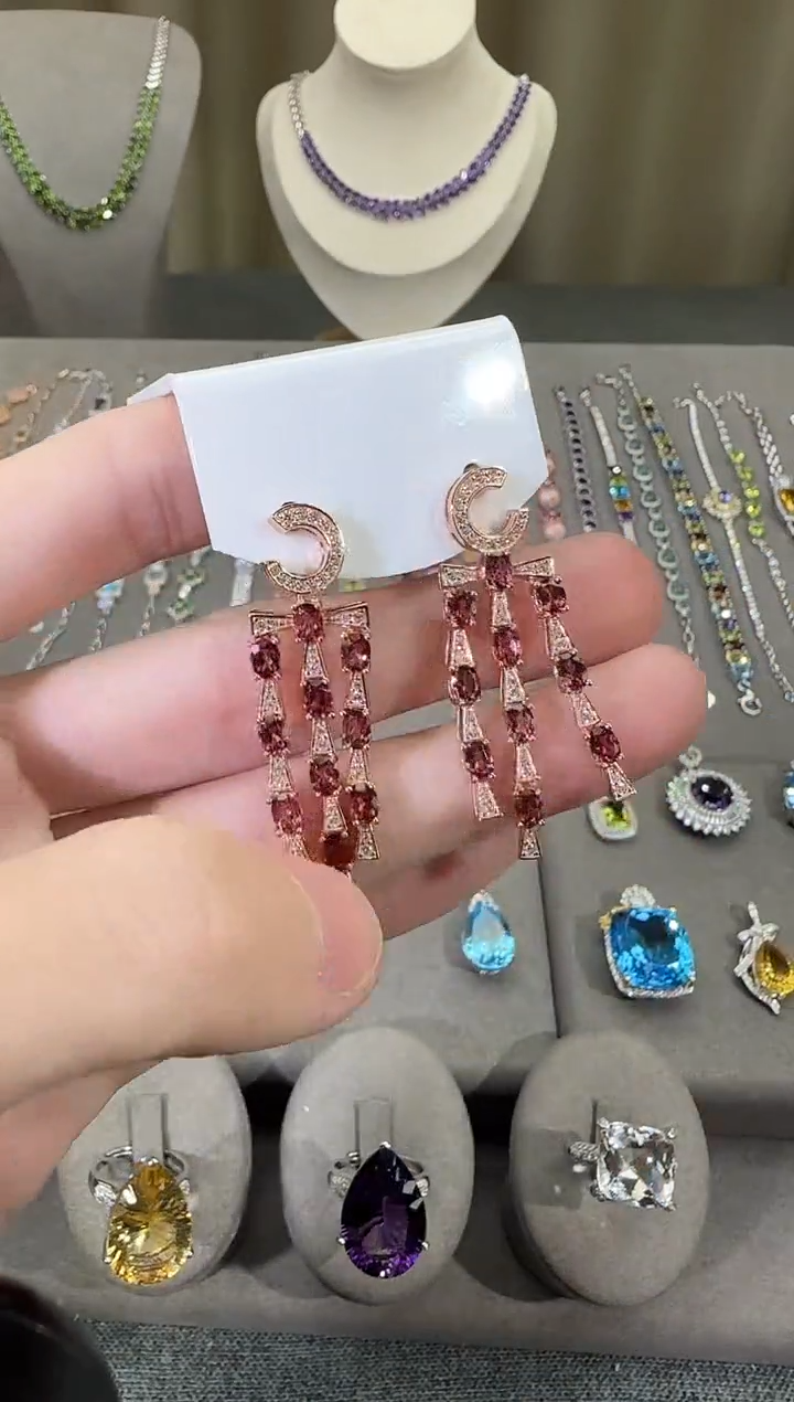 银S925镶嵌耳饰石榴石3mm耳坠流苏设计款