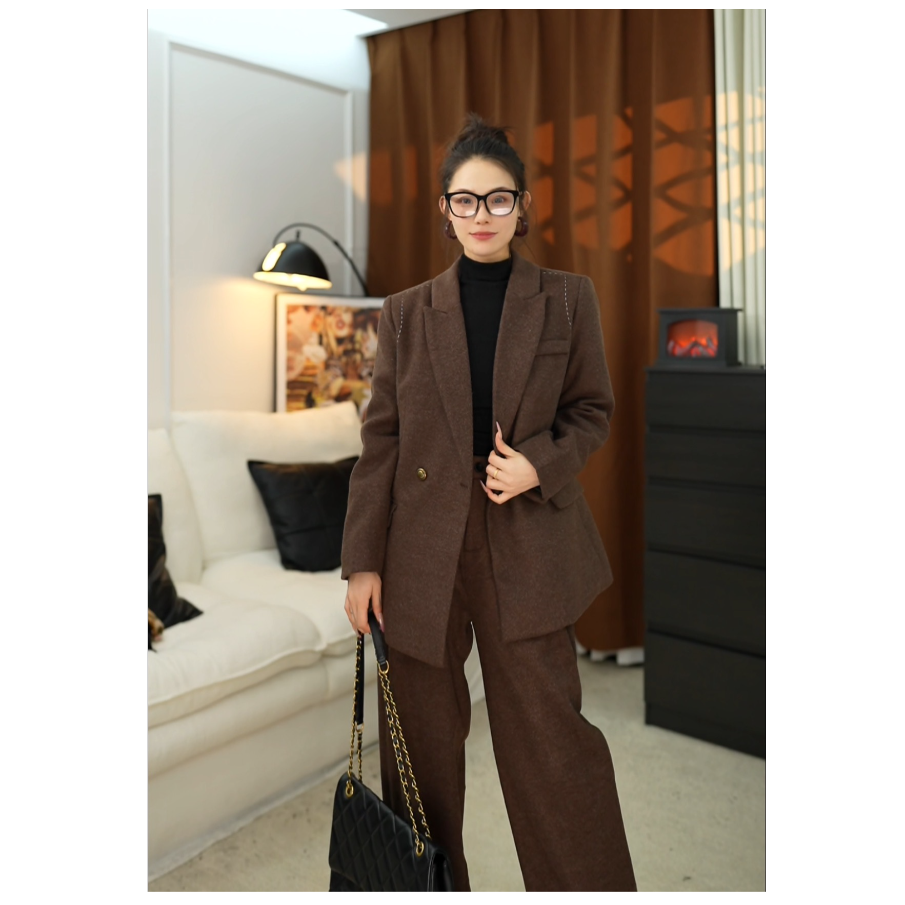 冬款90白鸭绒大女主设计感高级羊毛套装